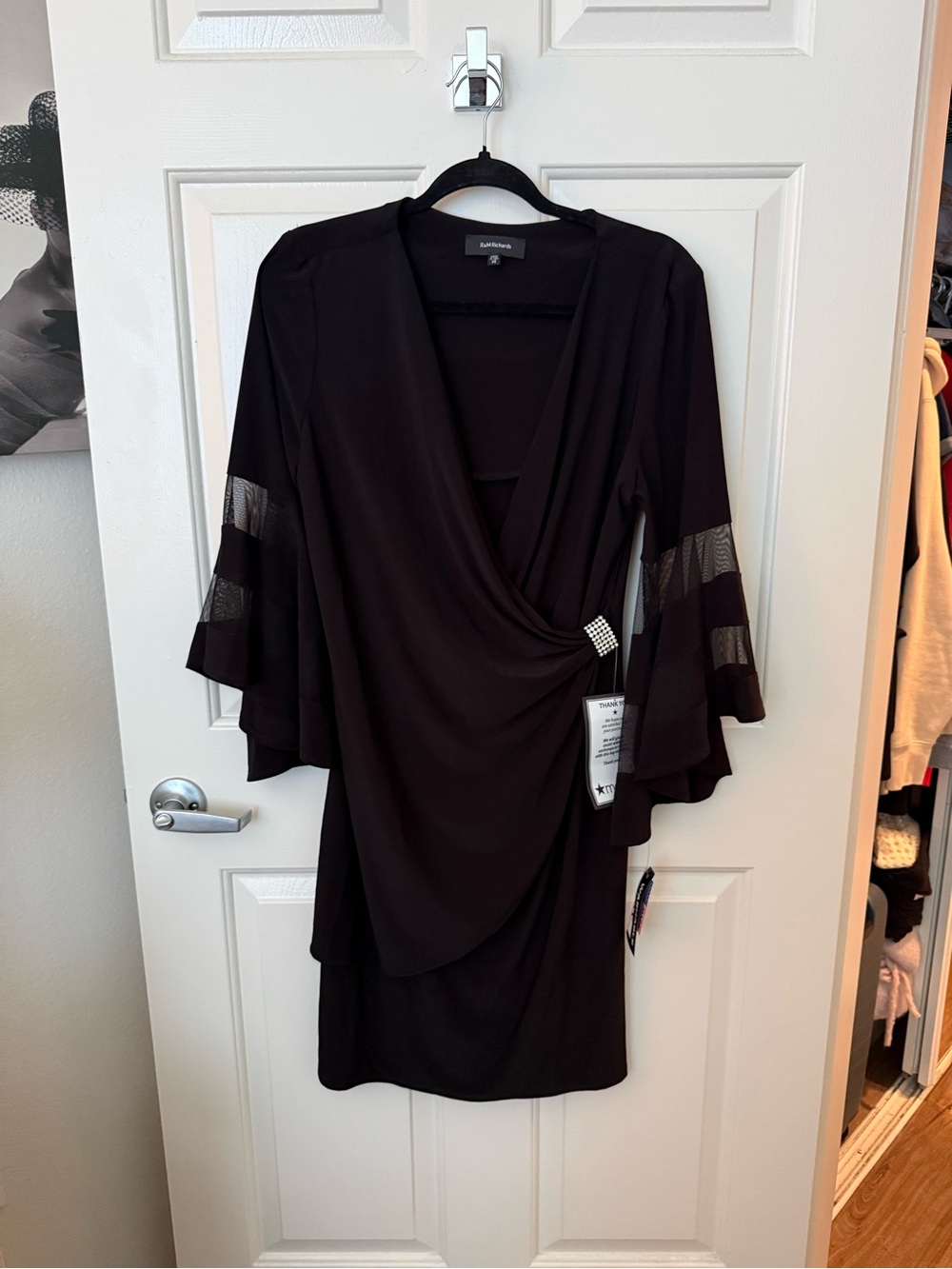 R&M Richards Black Faux-Wrap Dress with Sheer Paneled Sleeves